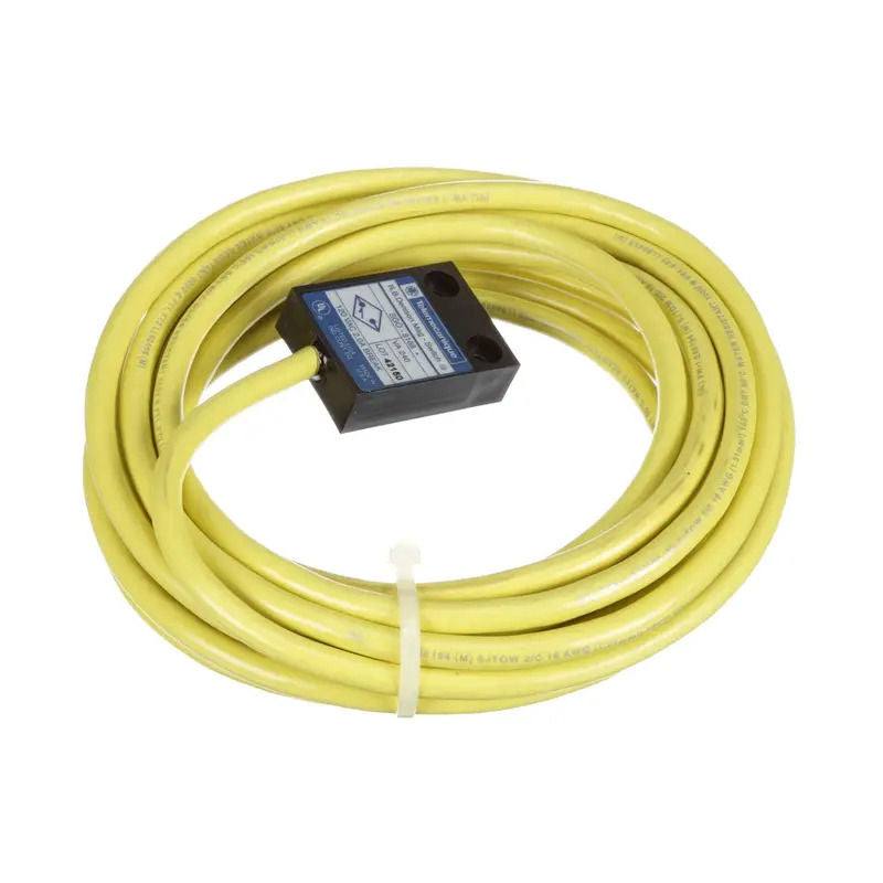 yellow wire with black end in circle on white background.
