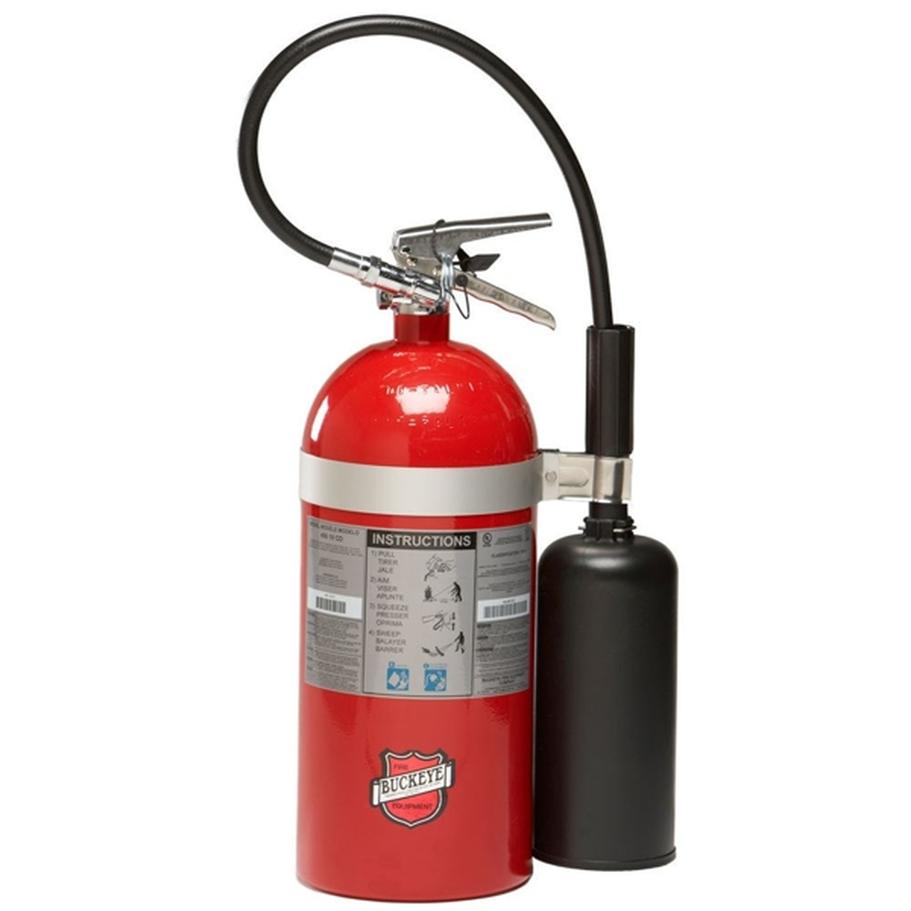 Red fire extinguisher with black hose on a white background