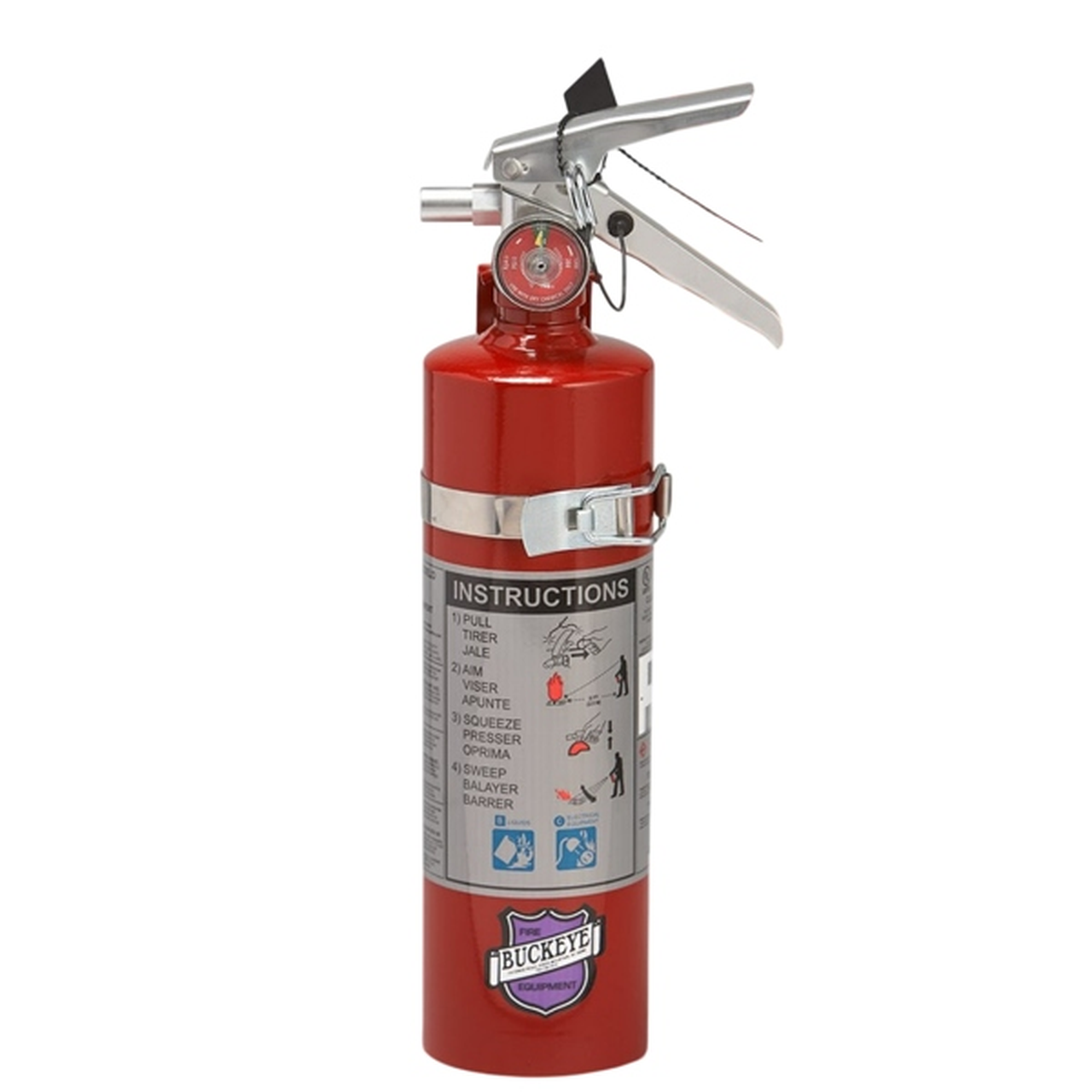 Red fire extinguisher with a white label on a white background