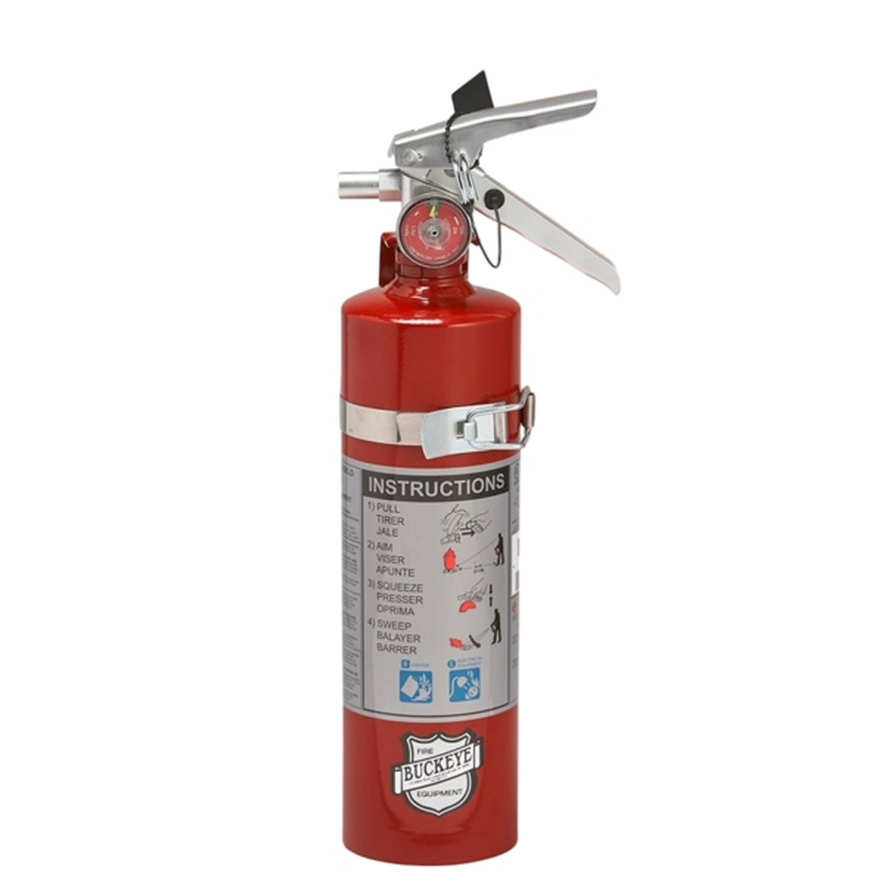 Red fire extinguisher with instructions on a white background