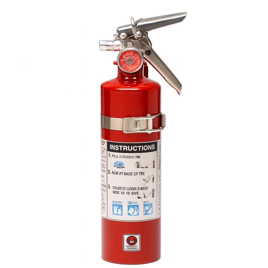 Red fire extinguisher with instructions label on a white background