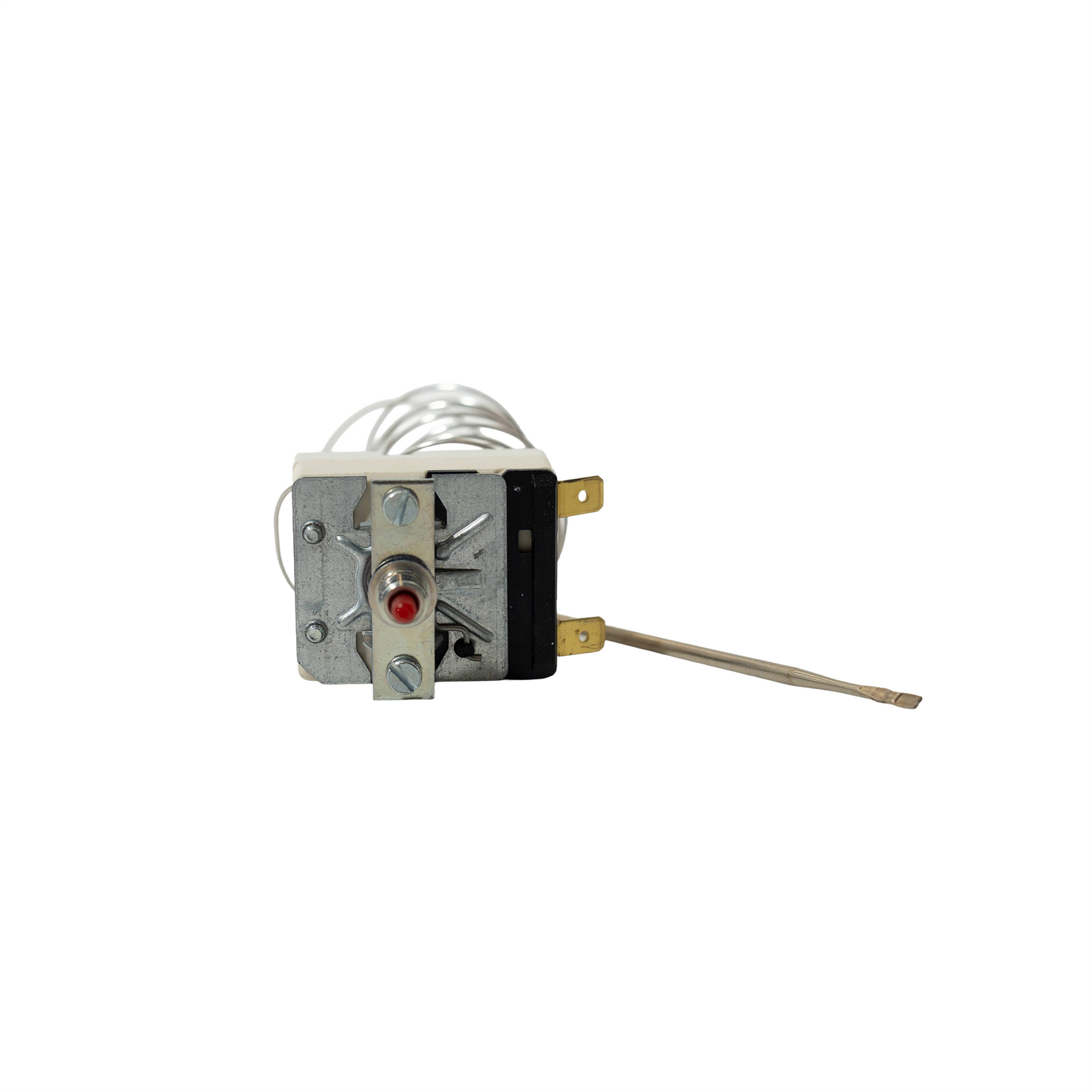 Thermostat with a probe on a white background.