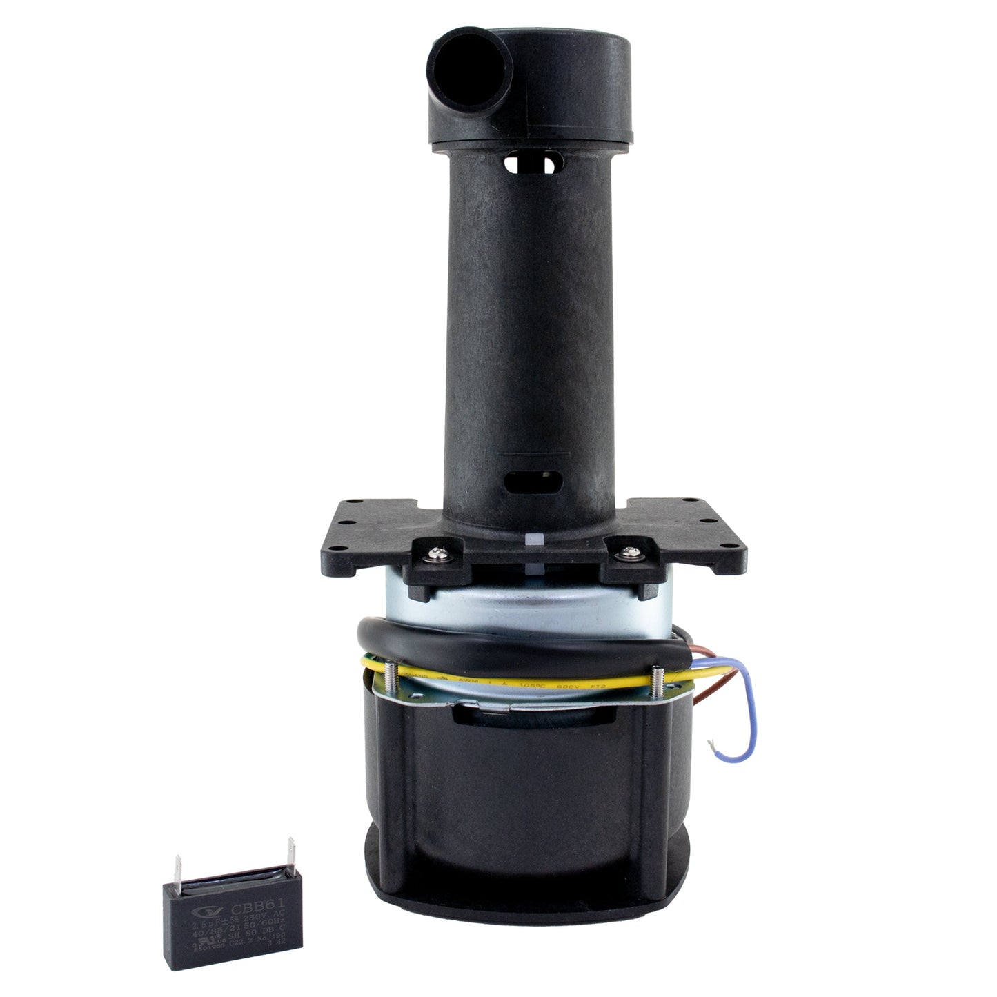 Black mechanical component on a white background