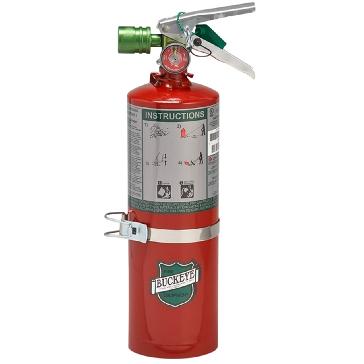 Red fire extinguisher with green and silver accents on a white background