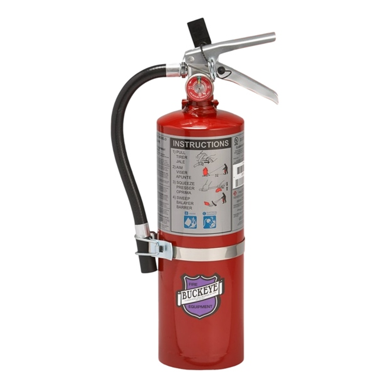 Red fire extinguisher with visible 'Buckeye' branding on a white background