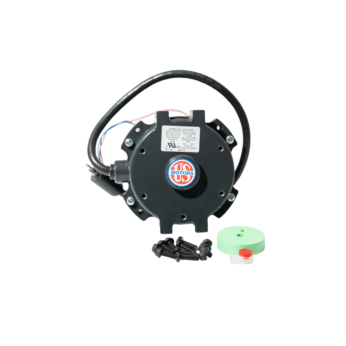 Black electric motor with mounting screws and a wire harness on white background.