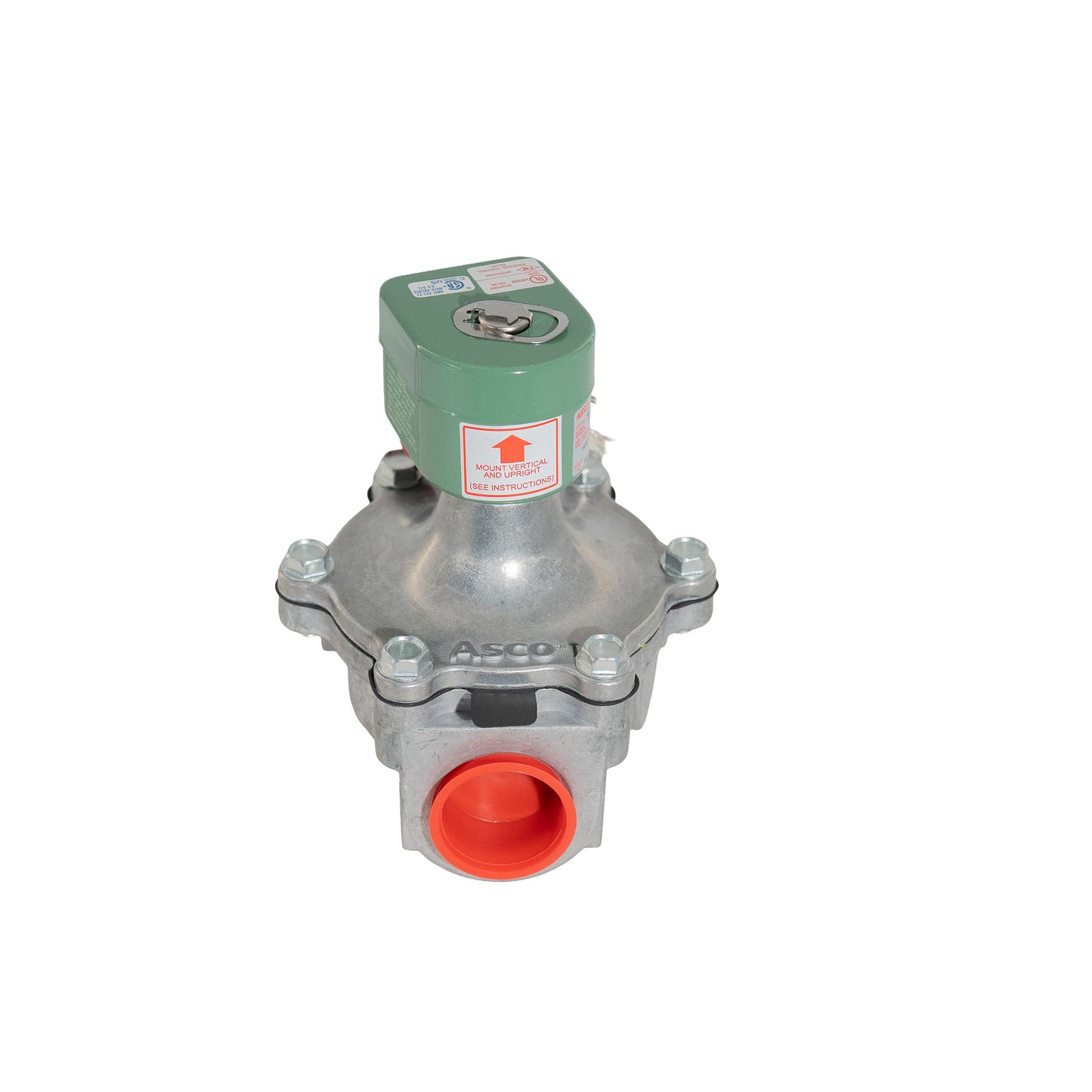 An industrial pneumatic valve with a green motor, a silver cast metal body, and a red plastic connector, shown on a plain white background.