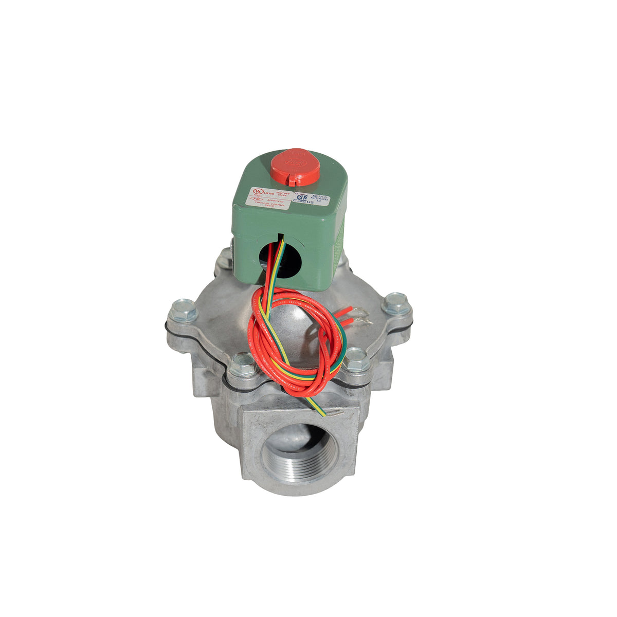 A metal electronic valve or pump control component with a green motor housing, red top button, and coiled red, orange, and green wires, shown on a plain white background.