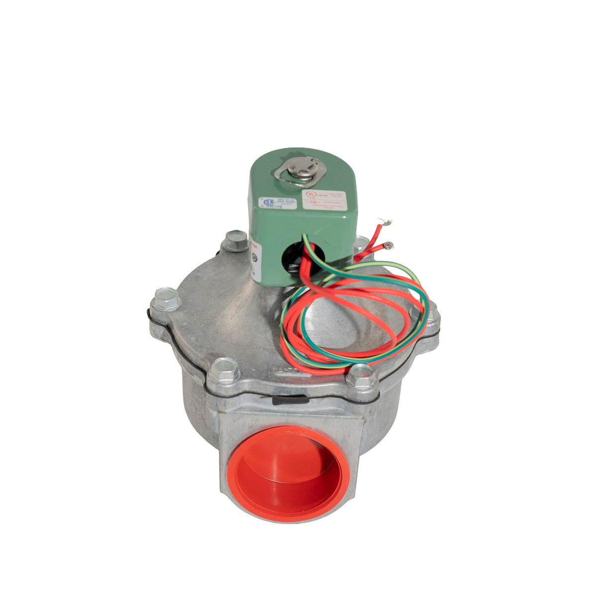 A metal water valve with a silver body, a green top motor housing, a red plastic inlet fitting, and multicolored wiring.