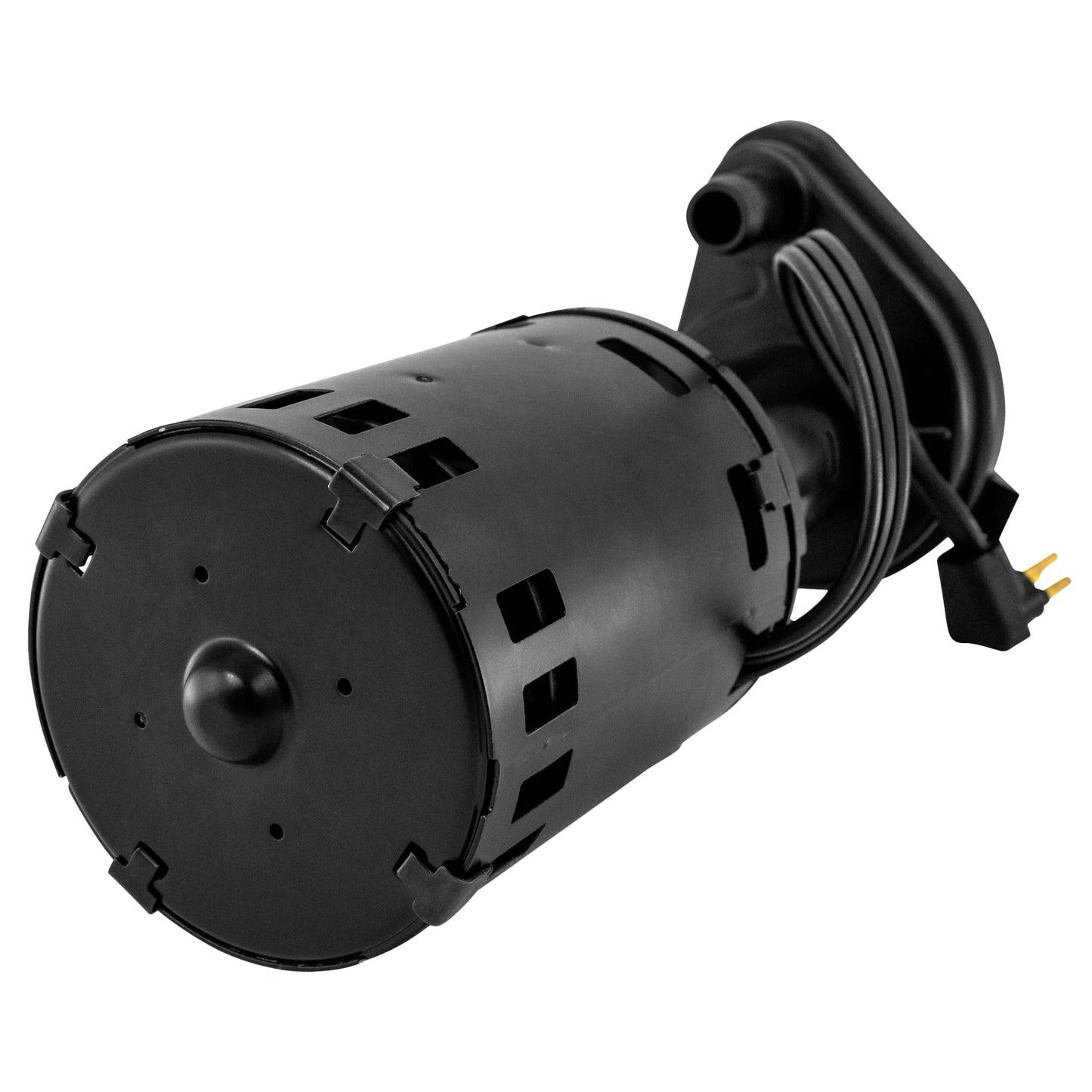 Black cylindrical pump with power cord on a white background