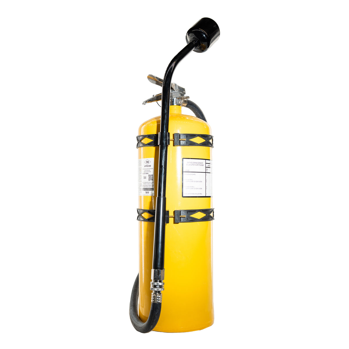 A yellow fire extinguisher with a black hose, nozzle, and black diamond-patterned straps, shown against a plain white background.