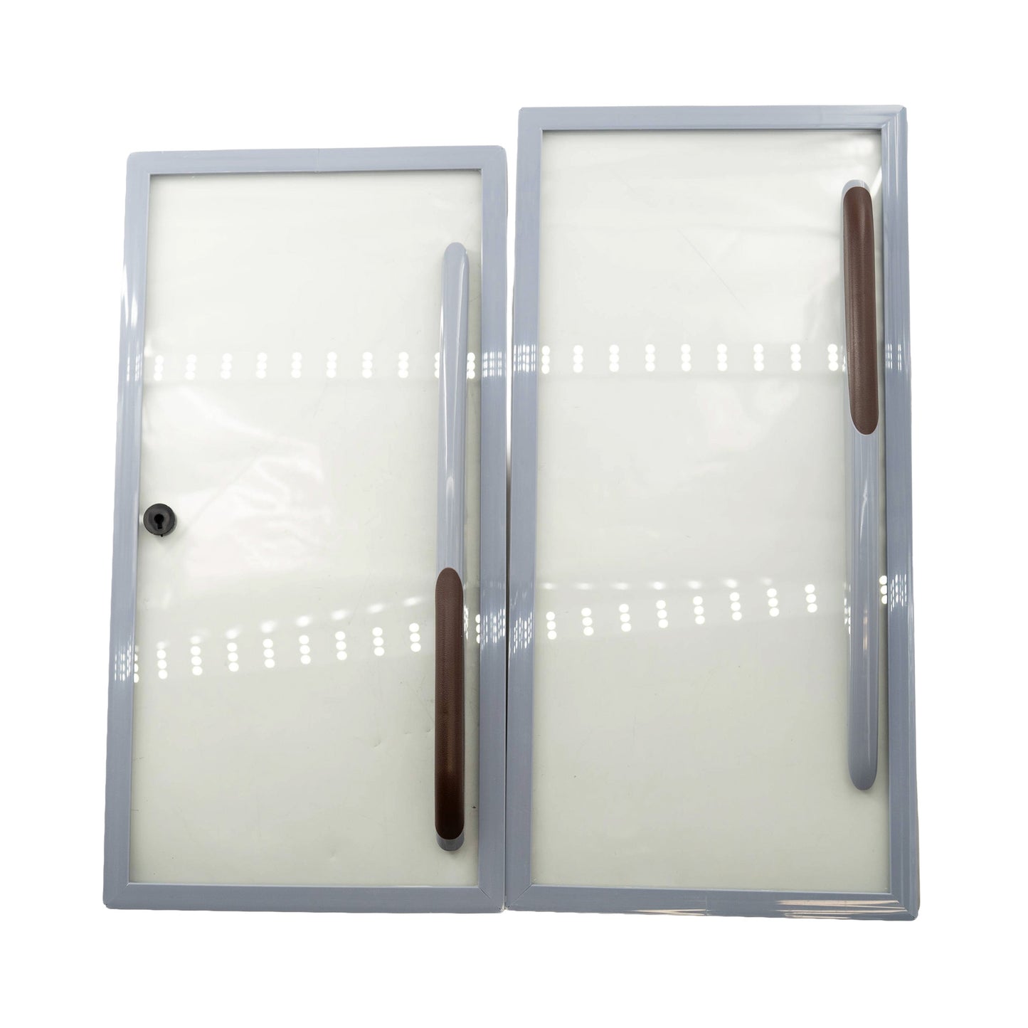 Two rectangular filters with brown straps on a white background