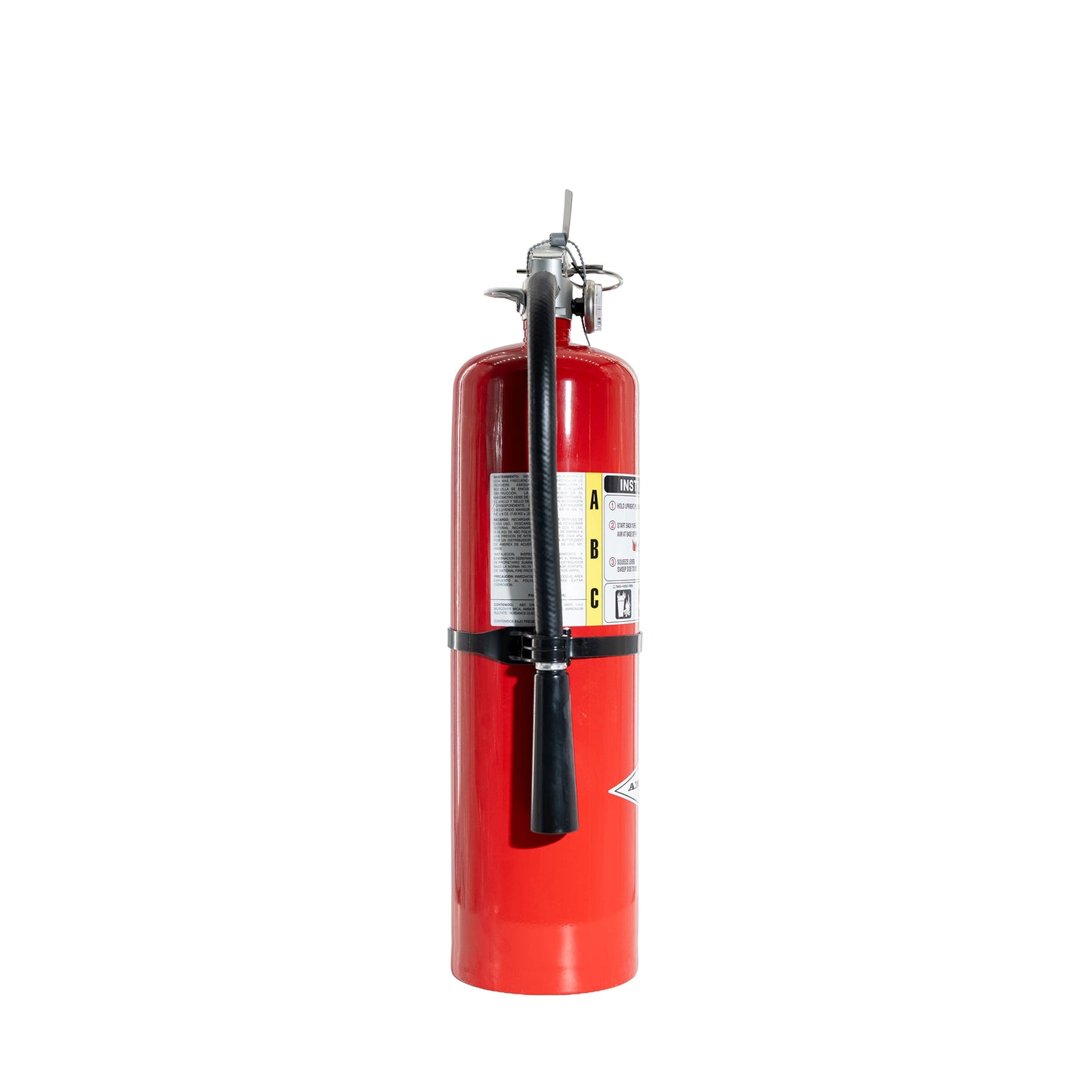 Red fire extinguisher on white background.