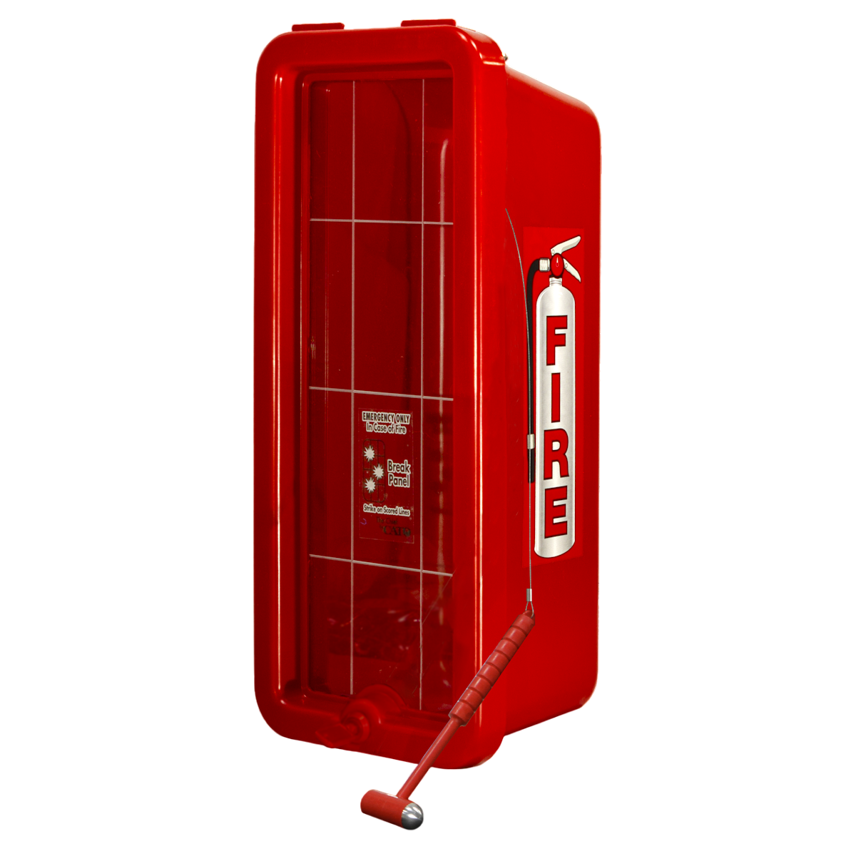 Red fire extinguisher cabinet with a white label on a white background