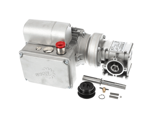 Heavy-duty electric motor mated to right-angle gearbox with protruding shaft on white background