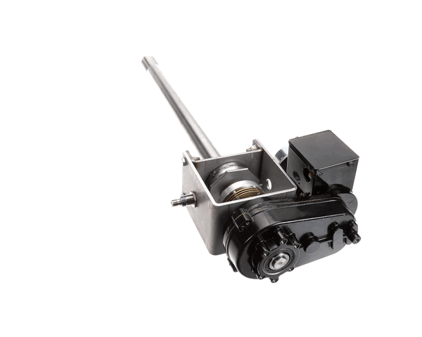 Rotating mechanism with gears, shaft, and mounting bracket on white background