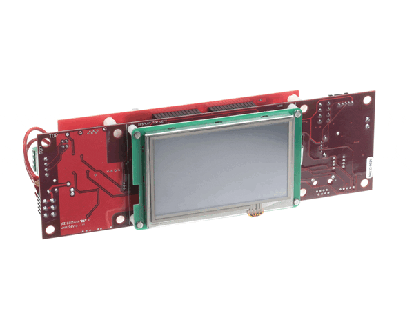 Slim circuit board with integrated numeric display and connectors on white background