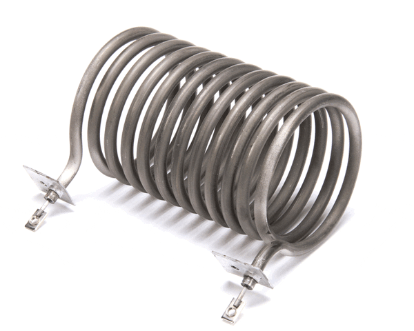 Coiled tubular heating element shaped into tight loop with terminal ends visible on white background
