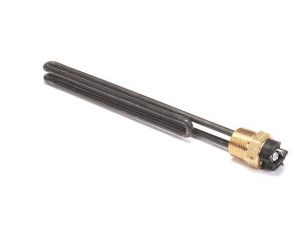 Straight immersion heating element with threaded mounting base and two terminals on white background