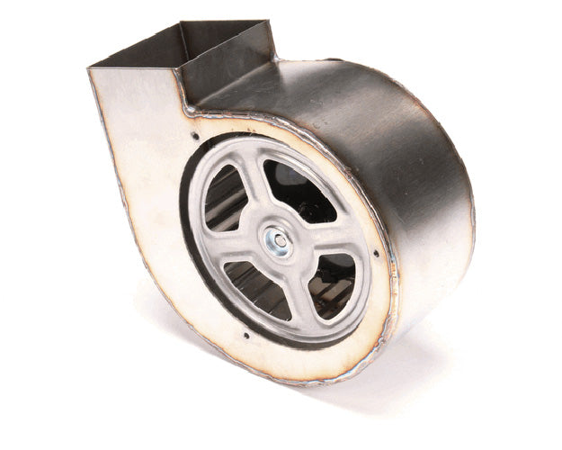 Blower motor combination with fan wheel housing and wiring leads on white background