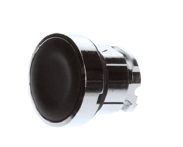 Round black pushbutton switch with mounting bezel on white background