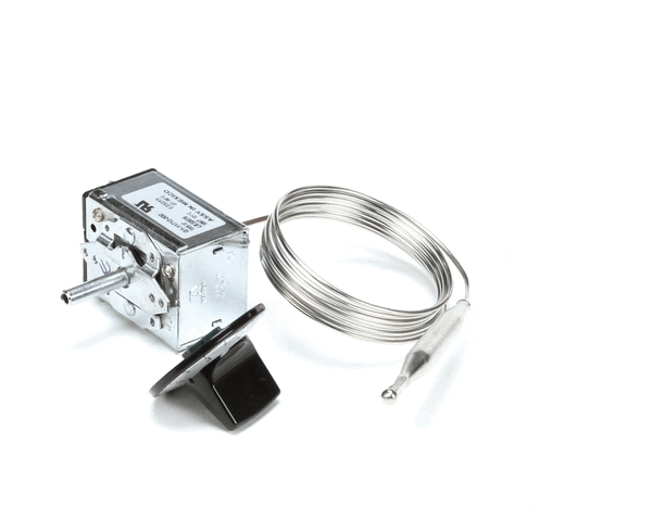 Compact humidity control thermostat with adjustment knob and mounting bracket on white background