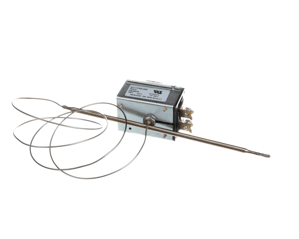 High-temperature oven thermostat with adjustment shaft and coiled sensing bulb on white background