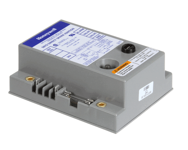 Compact ignition module box with electrical terminals and printed label on white background