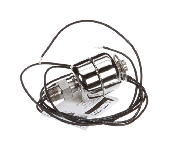 Compact metal float mechanism with cylindrical float and mounting hardware on white background