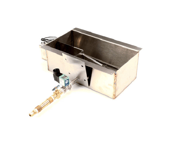 Rectangular water pan with integrated heating element and wiring terminals on white background