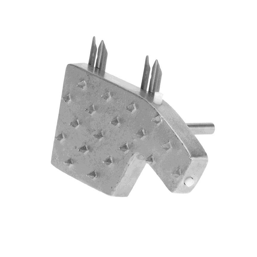 Metallic decorative object with textured surface and pointed elements on a white background
