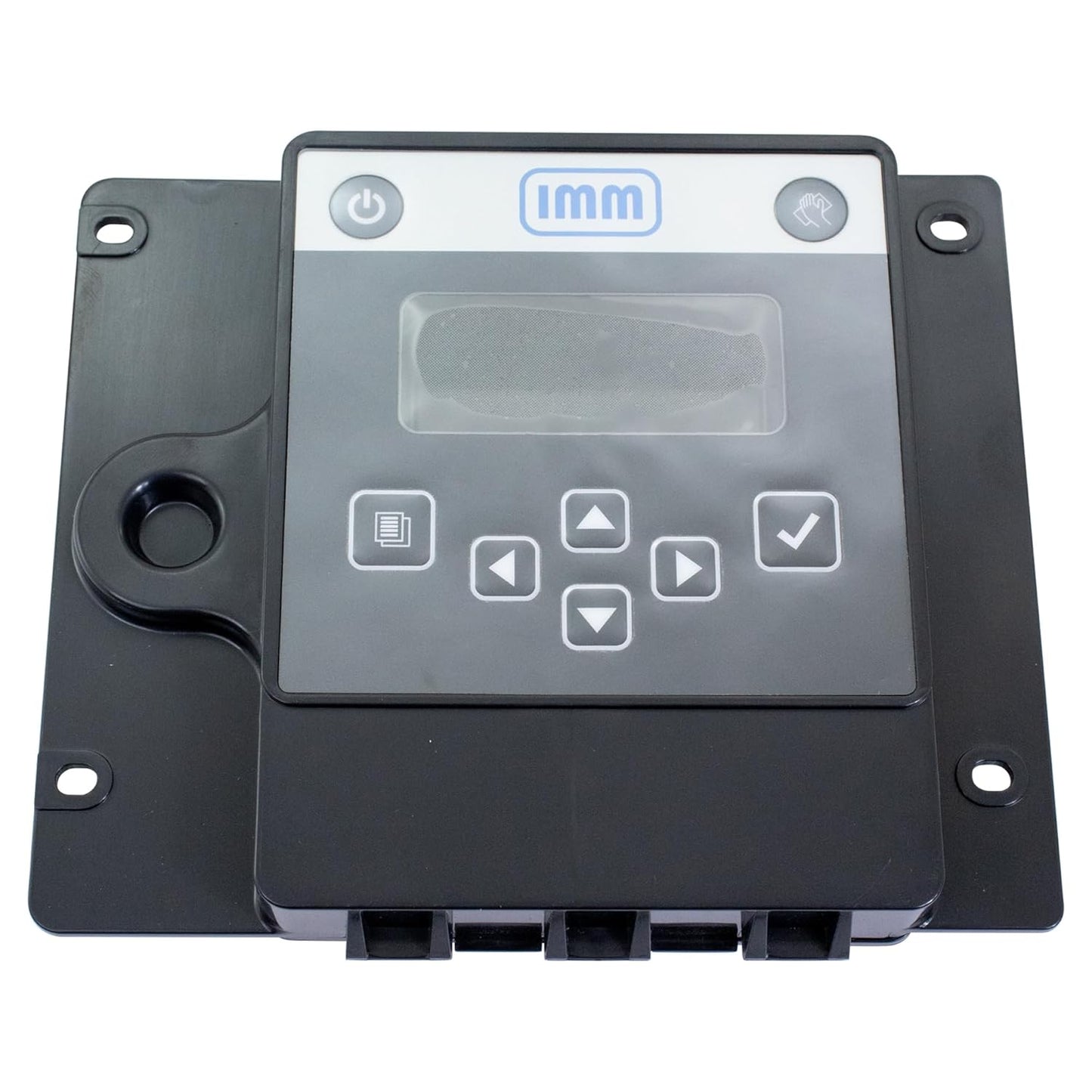 Control panel with IMM logo and buttons on a white background