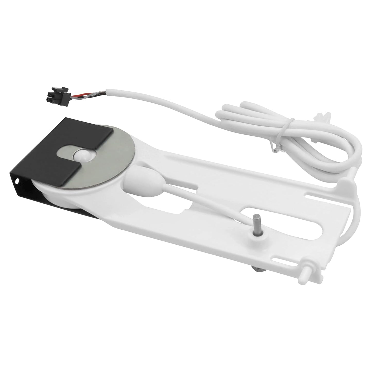 Mechanical component with a white housing and black cover on a white background