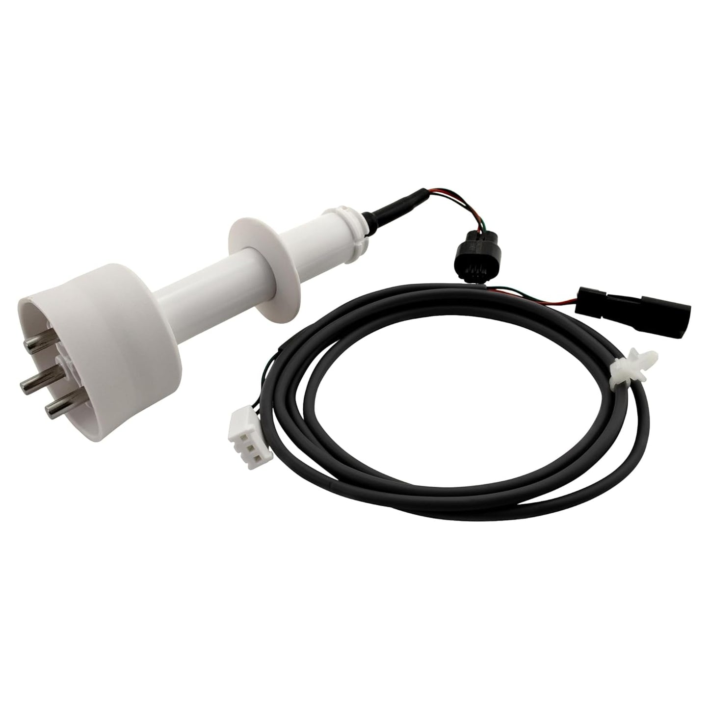 White electronic component with black cable on a white background