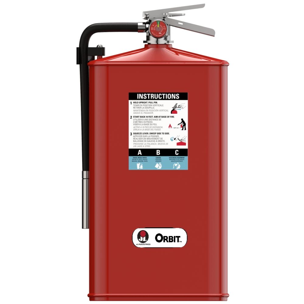 Red fire extinguisher with Orbit logo on a white background