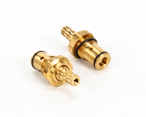 Pair of small valve bodies with seals and fittings arranged together on a white background