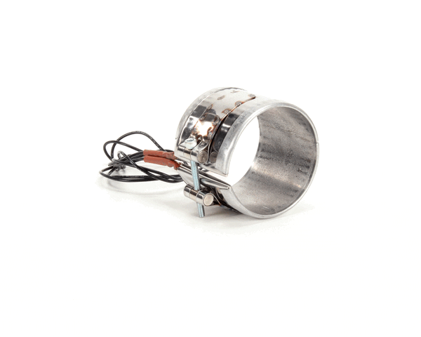 Circular band heater with clamping screw and power leads on a white background
