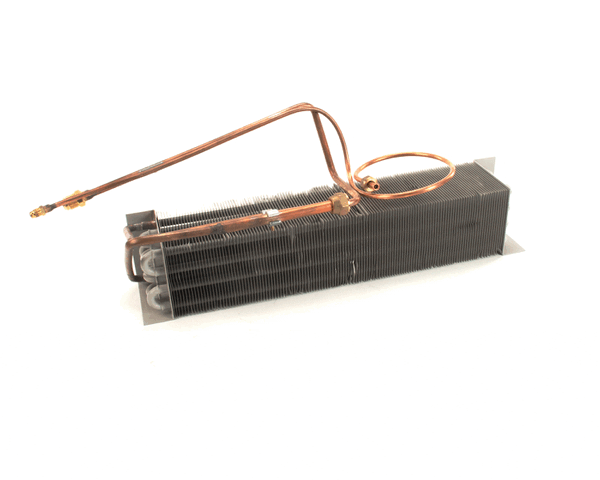 Epoxy-coated evaporator coil with dark protective finish on a white background