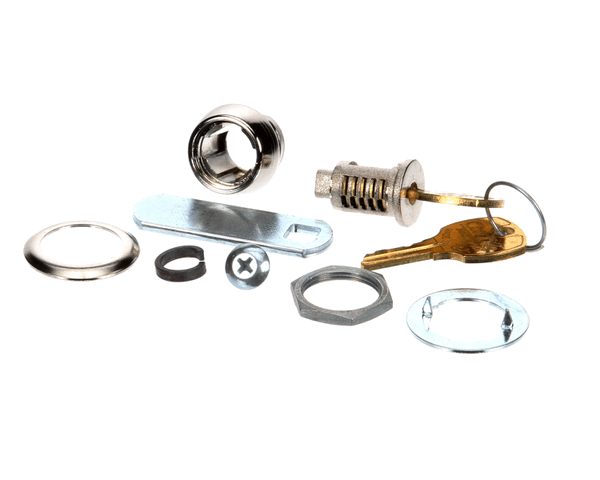 Small lock assembly with cylindrical body and pair of keys on a white background