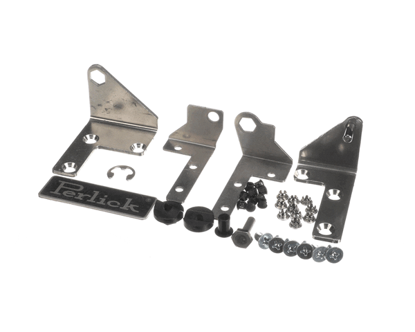 Right-hand door hinge kit with hinge body and mounting hardware laid out on a white background