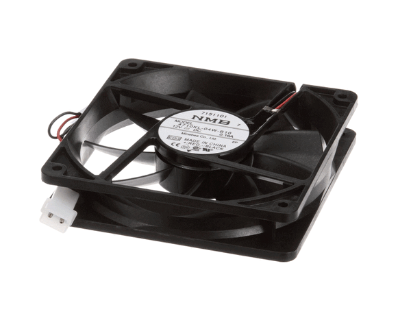 12V axial fan motor with square frame and fan blade assembly on a white background