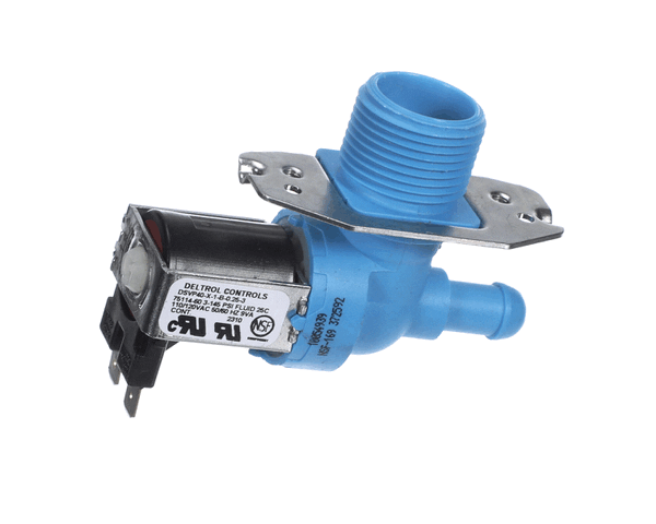 Water inlet solenoid valve with plastic coil and brass valve body on a white background