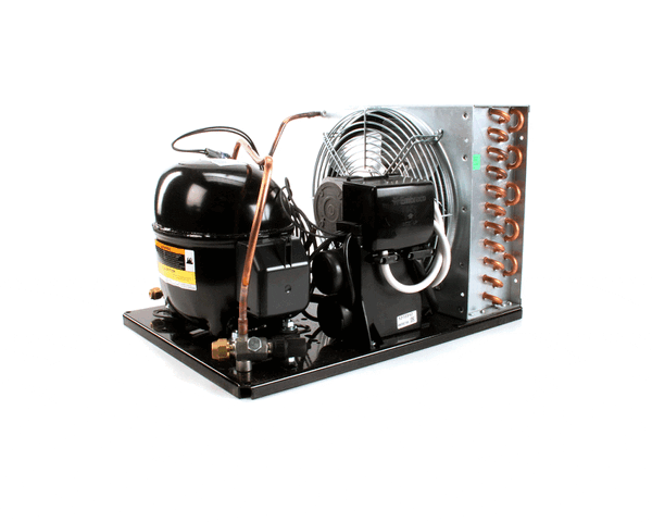 1/2 horsepower R134A condensing unit with fan-cooled condenser and compressor on a white background