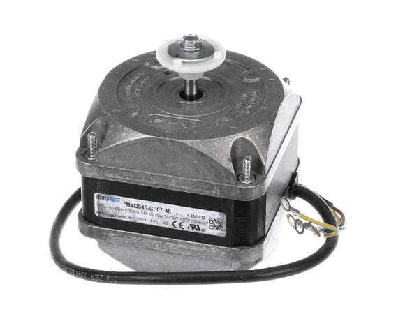 Condenser fan motor with wiring and mounting ears laid on a white background