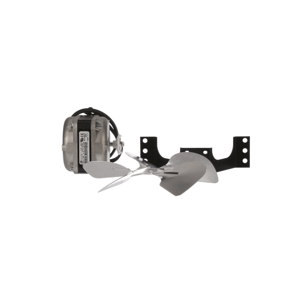 Compact fan motor with attached fan blade and mounting bracket resting on a white background