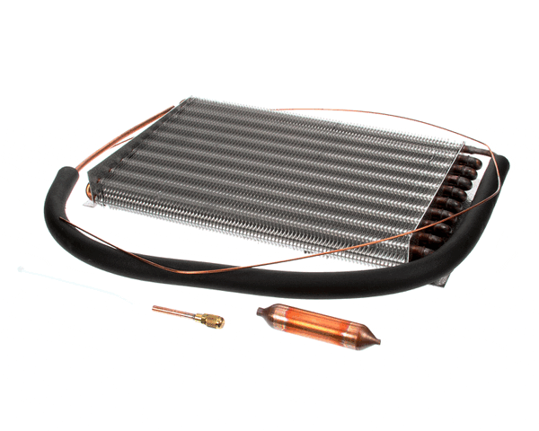 Refrigerator evaporator subassembly with coil and mounting frame on a white background