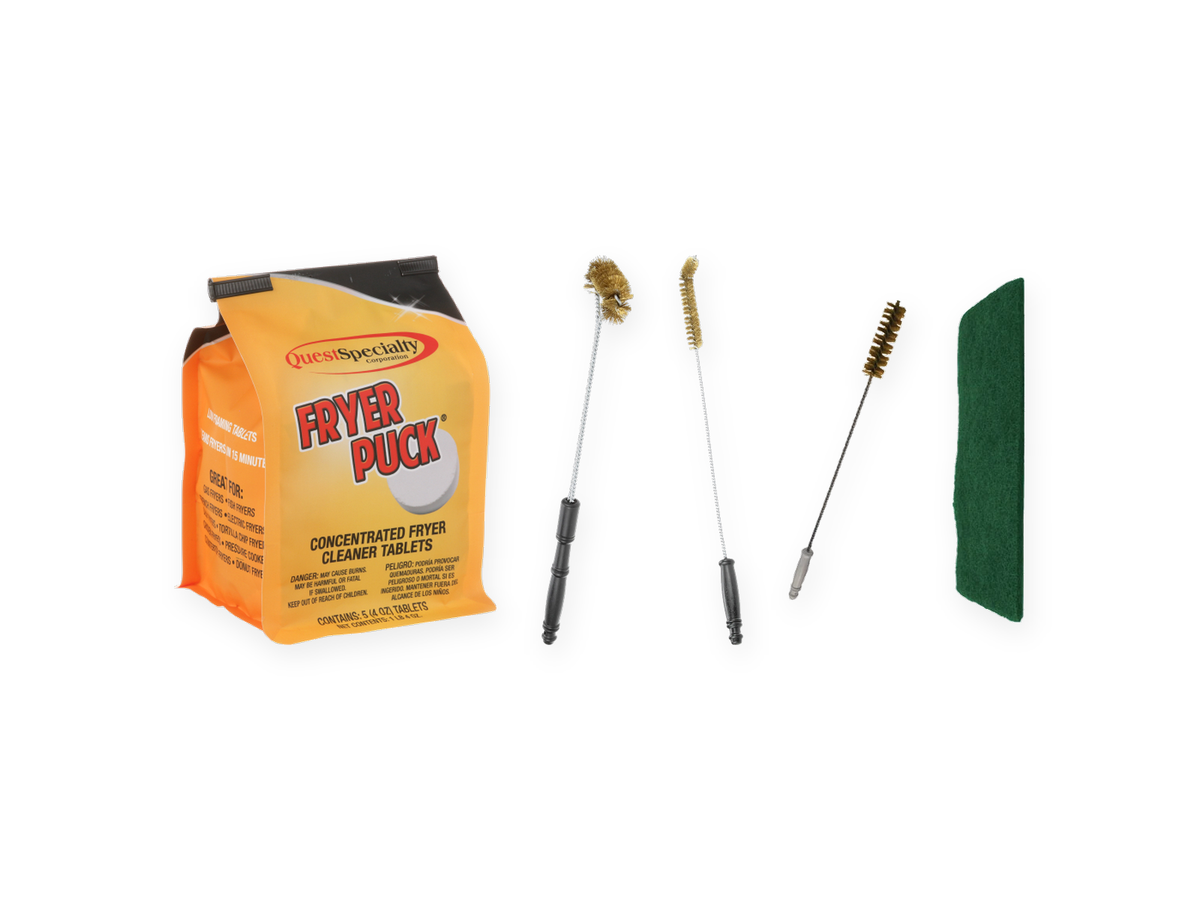 product bundle of fryer cleaner and brushes on a white background.