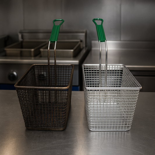 One used and one brand new fryer basket.
