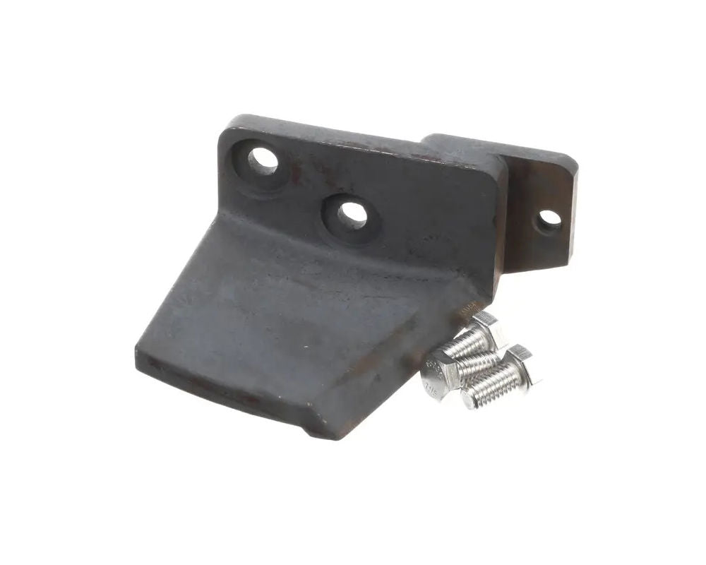 Black metal mechanical piece with mounting screws on white background.