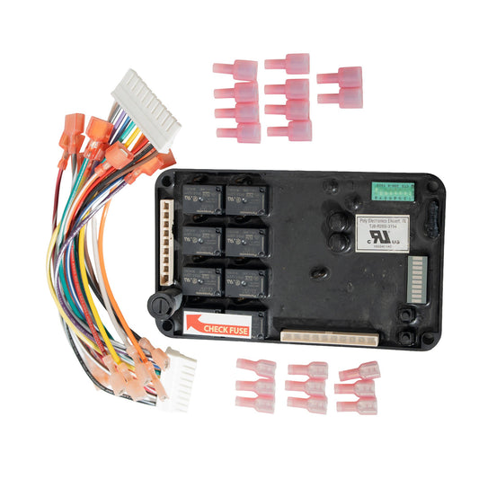 Electrical relay panel with connectors and wiring on a white background